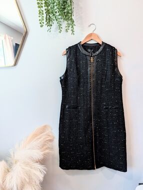 New Donna Karan Sleeveless Black Tweed Zip-Front Size 12 Dress
